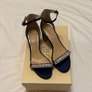 Badgley Mischka Navy Satin Rhinestone Ankle-Strap Heels